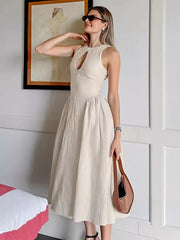 Elegant Cotton And Linen Sleeveless With Keyhole Detail Long Dress