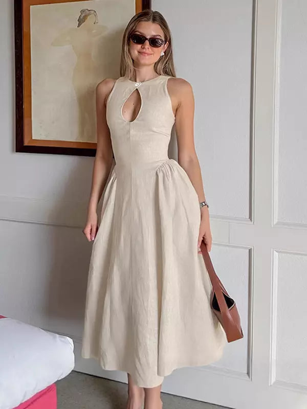 Elegant Cotton And Linen Sleeveless With Keyhole Detail Long Dress