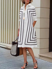 Elegant Long Sleeve Cotton-Blended Striped H-line Lapel Office Ladies Shirt Dresses