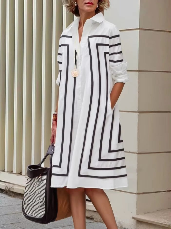 Elegant Long Sleeve Cotton-Blended Striped H-line Lapel Office Ladies Shirt Dresses