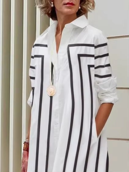 Elegant Long Sleeve Cotton-Blended Striped H-line Lapel Office Ladies Shirt Dresses