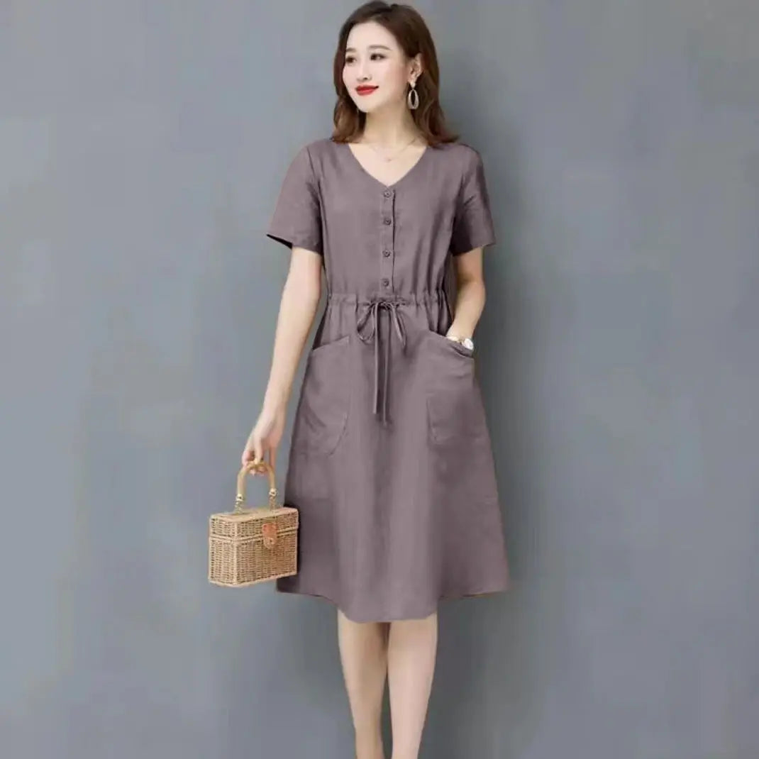 Elegant Cotton Linen Draw String High Waist Breathable Dresses