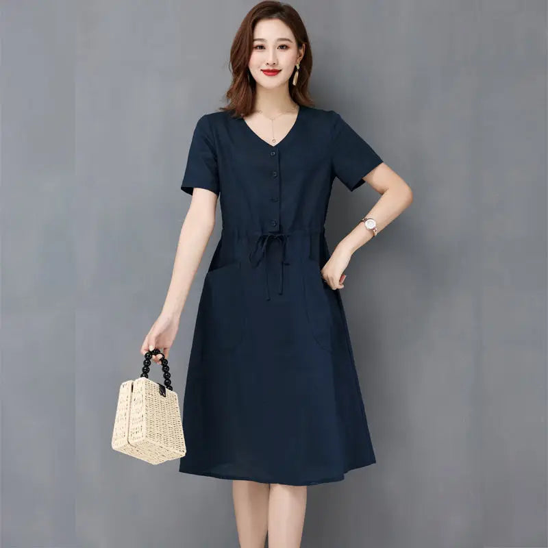 Elegant Cotton Linen Draw String High Waist Breathable Dresses