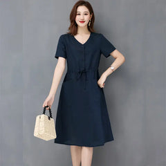 Elegant Cotton Linen Draw String High Waist Breathable Dresses