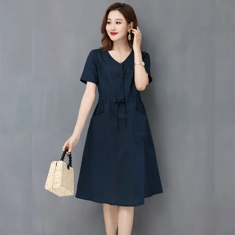 Elegant Cotton Linen Draw String High Waist Breathable Dresses