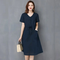 Elegant Cotton Linen Draw String High Waist Breathable Dresses