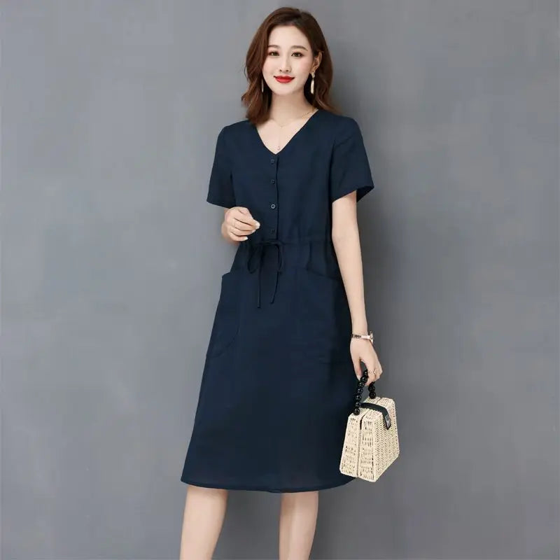Elegant Cotton Linen Draw String High Waist Breathable Dresses