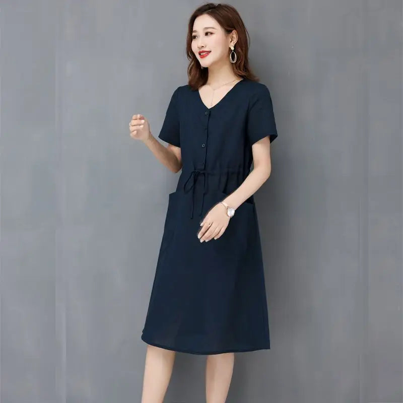 Elegant Cotton Linen Draw String High Waist Breathable Dresses