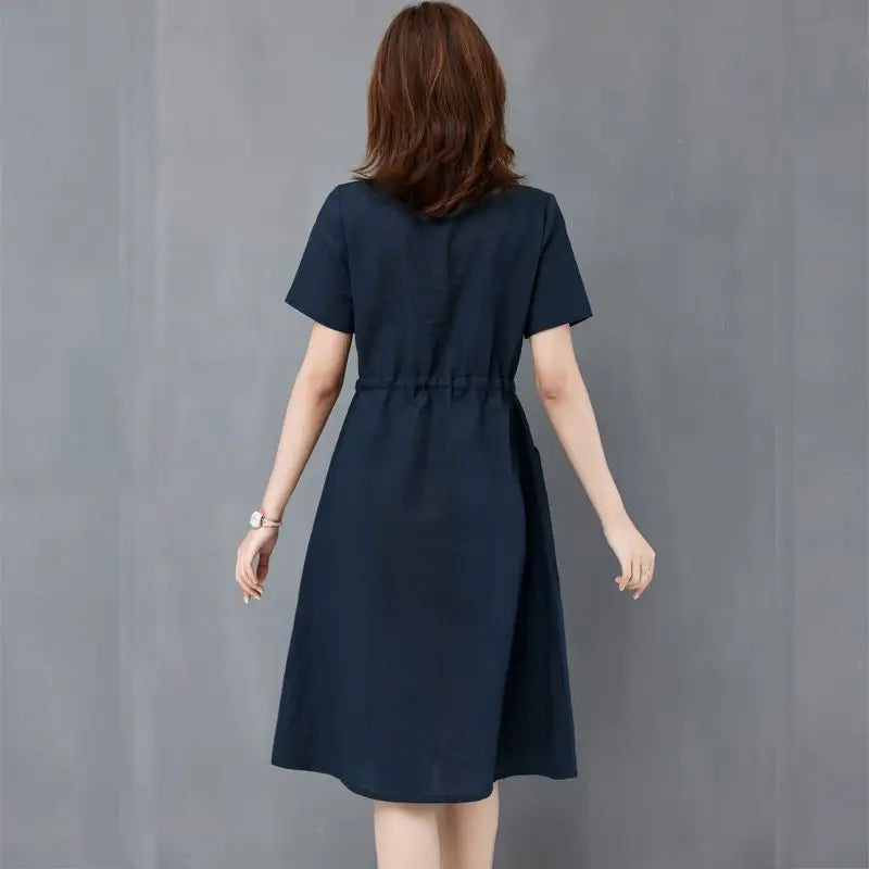 Elegant Cotton Linen Draw String High Waist Breathable Dresses
