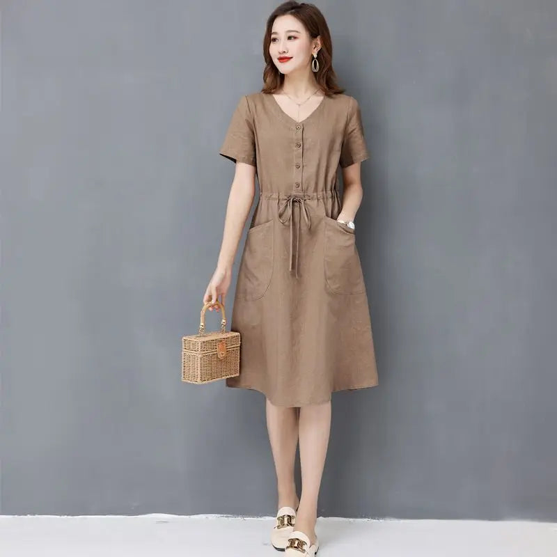 Elegant Cotton Linen Draw String High Waist Breathable Dresses