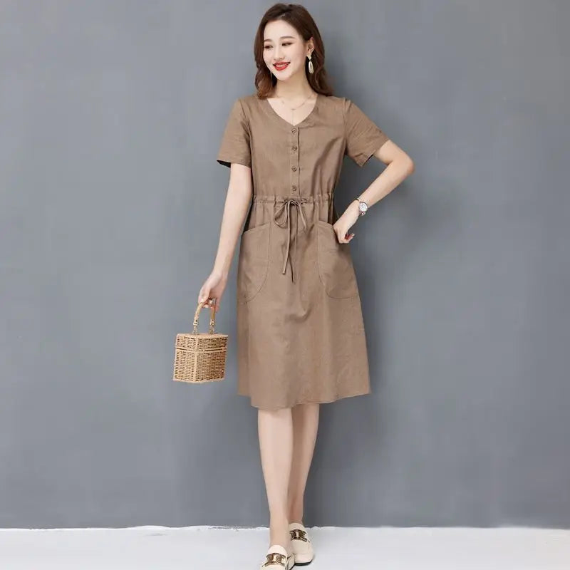 Elegant Cotton Linen Draw String High Waist Breathable Dresses