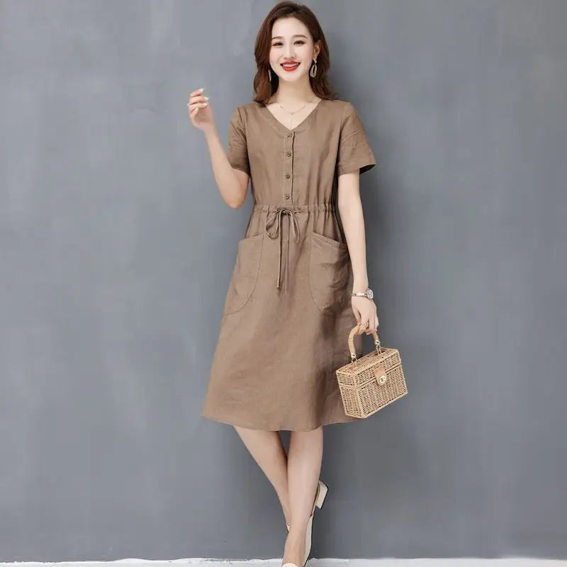Elegant Cotton Linen Draw String High Waist Breathable Dresses