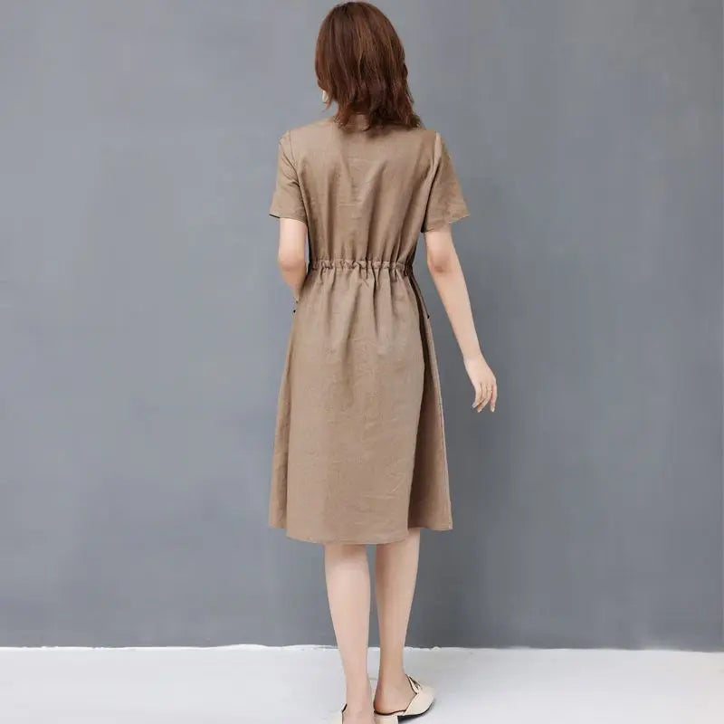 Elegant Cotton Linen Draw String High Waist Breathable Dresses