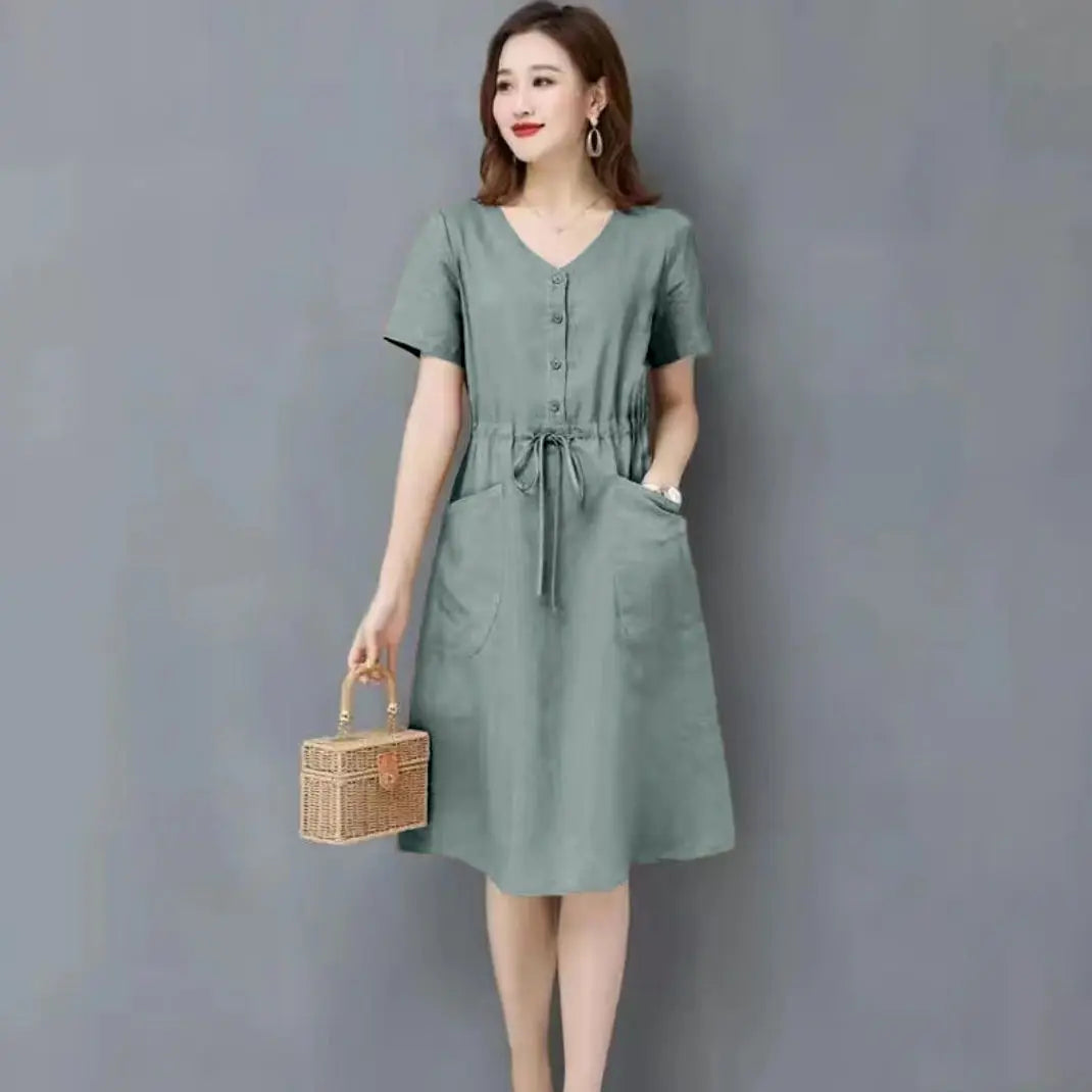 Elegant Cotton Linen Draw String High Waist Breathable Dresses