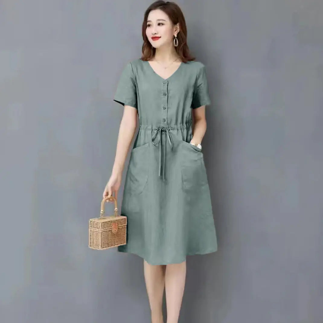 Elegant Cotton Linen Draw String High Waist Breathable Dresses
