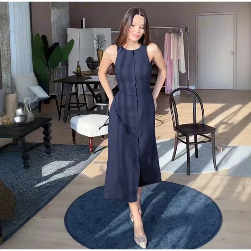 Elegant Cotton Linen Lace Up O Neck Sleeveless Single Breasted Waist Up Midi Dress