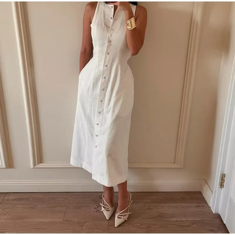 Elegant Cotton Linen Lace Up O Neck Sleeveless Single Breasted Waist Up Midi Dress
