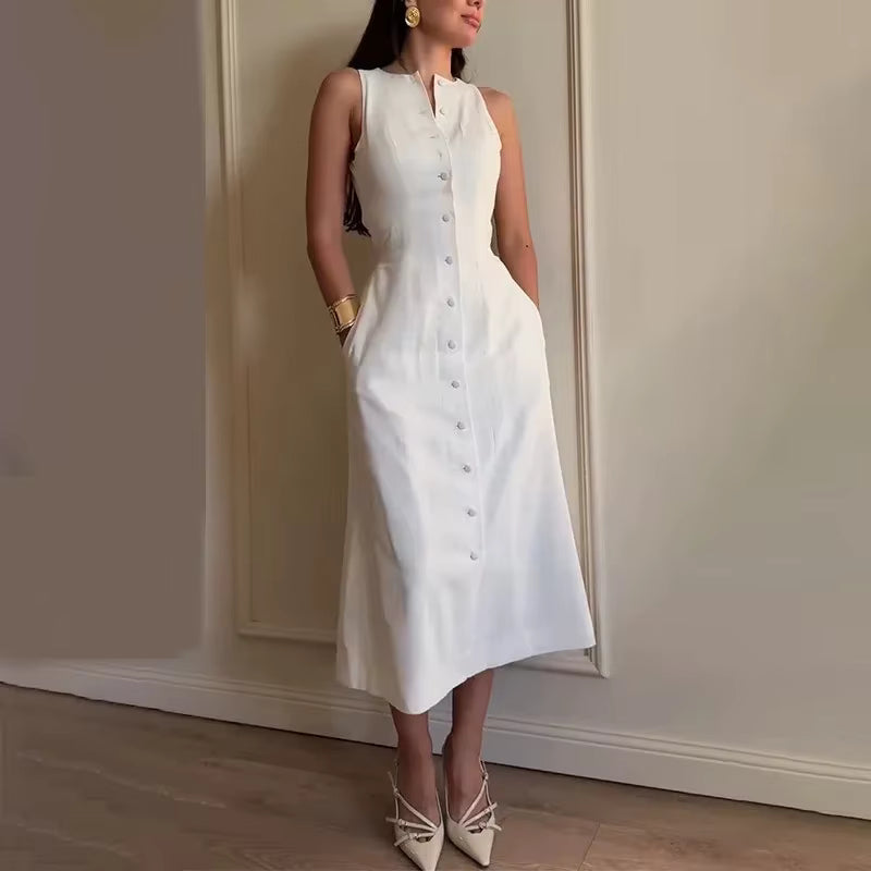 Elegant Cotton Linen Lace Up O Neck Sleeveless Single Breasted Waist Up Midi Dress