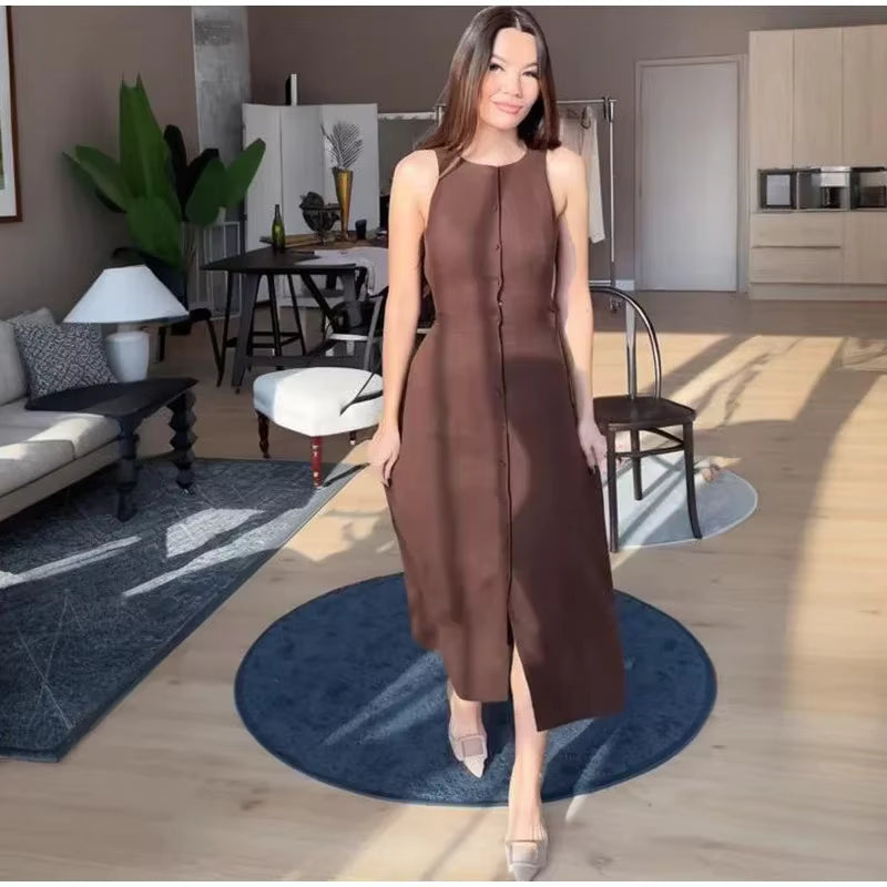 Elegant Cotton Linen Lace Up O Neck Sleeveless Single Breasted Waist Up Midi Dress