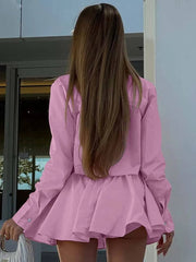 Elegant Cotton Long Sleeve Single Breasted Crop Shirts Drawstring Mini Skirts Set