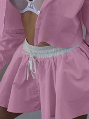 Elegant Cotton Long Sleeve Single Breasted Crop Shirts Drawstring Mini Skirts Set