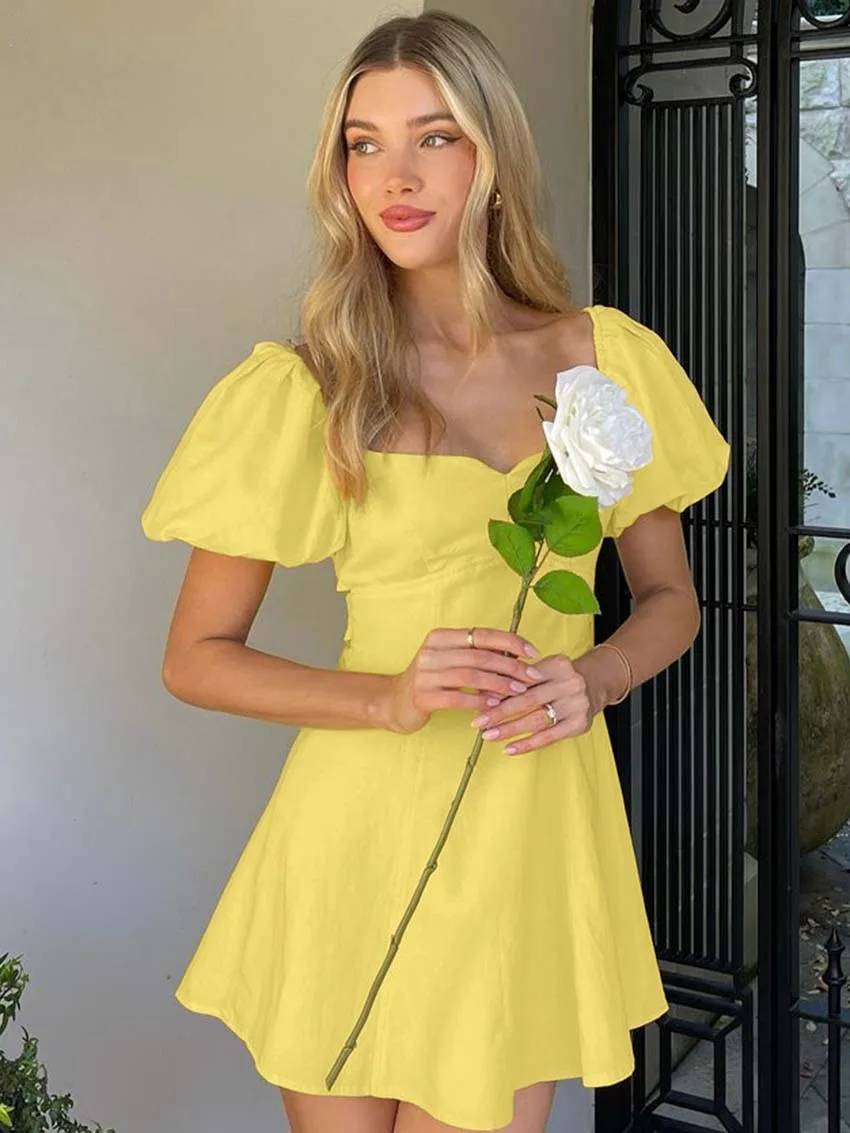 Elegant Cotton Square Neck Short Sleeve Open Back Lace-Up Mini Dress