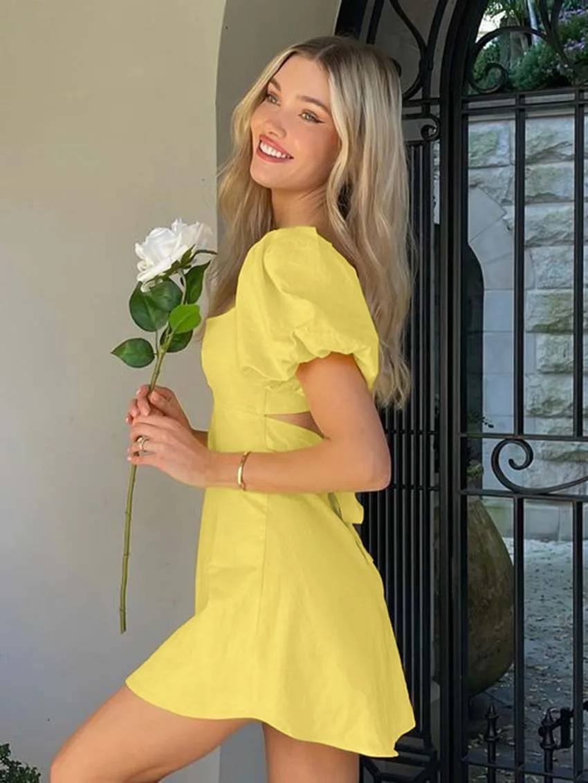 Elegant Cotton Square Neck Short Sleeve Open Back Lace-Up Mini Dress