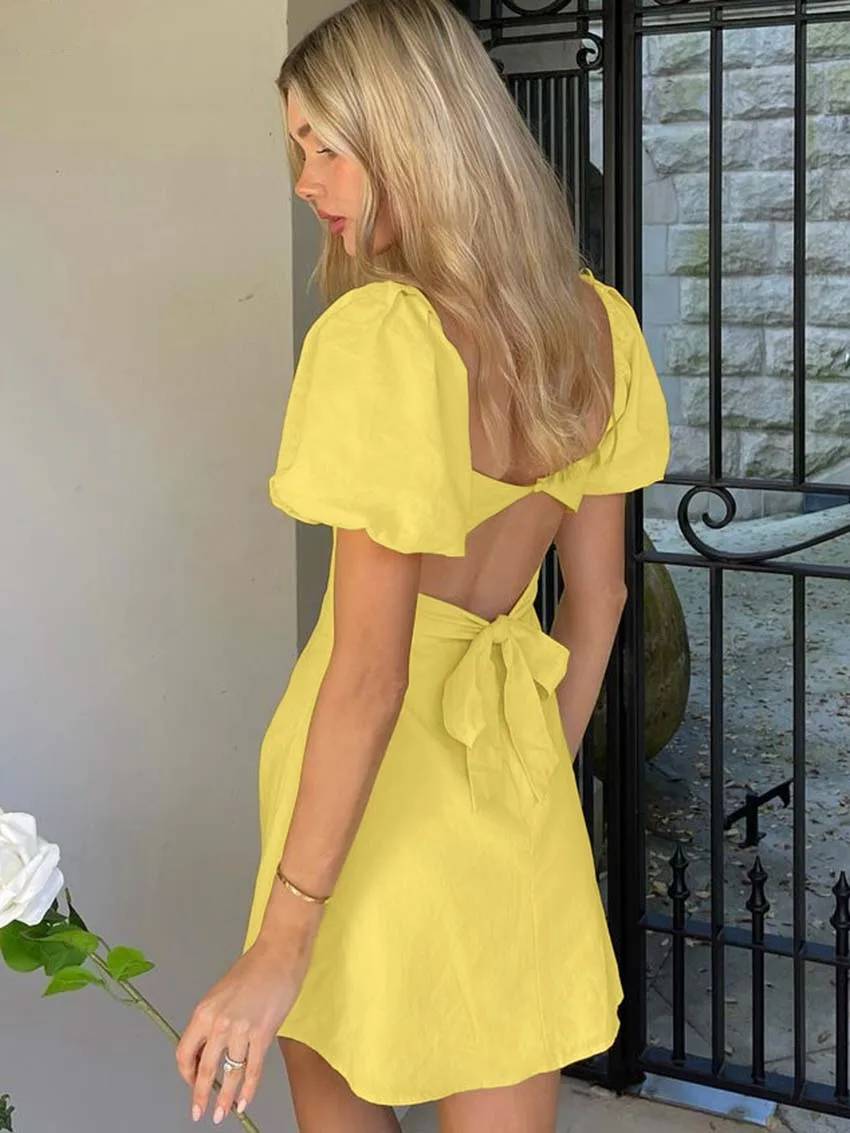 Elegant Cotton Square Neck Short Sleeve Open Back Lace-Up Mini Dress
