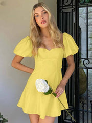 Elegant Cotton Square Neck Short Sleeve Open Back Lace-Up Mini Dress