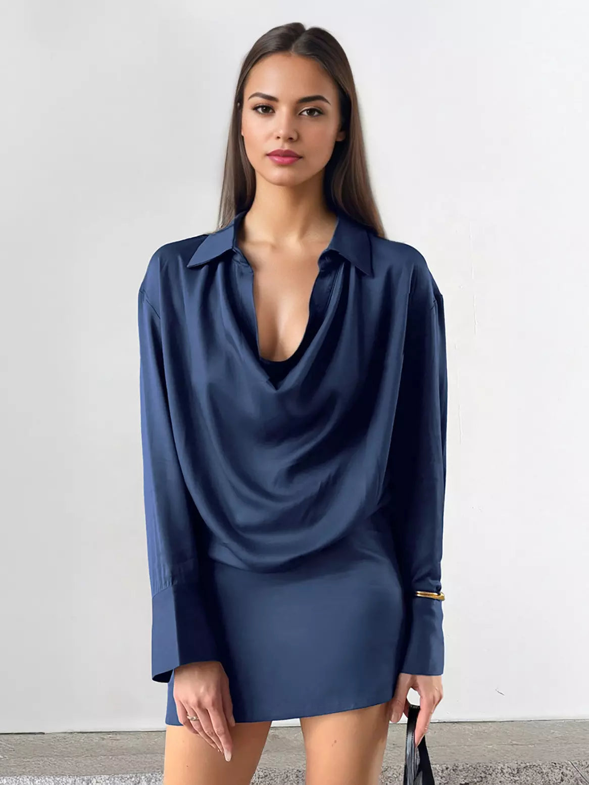 Elegant Cowl Pleated Solid Color Neck Long Sleeves Mini Dress