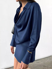 Elegant Cowl Pleated Solid Color Neck Long Sleeves Mini Dress