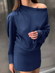 Elegant Cowl Pleated Solid Color Neck Long Sleeves Mini Dress