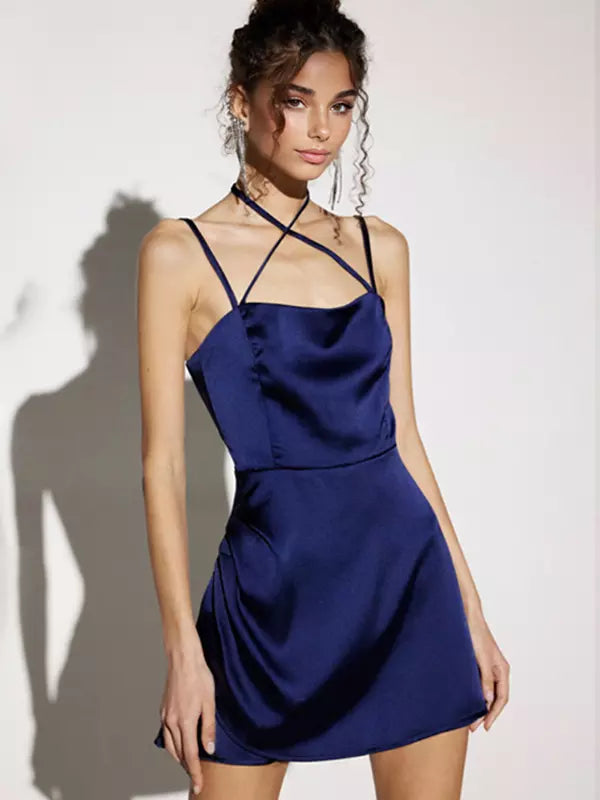 Elegant Crisscross Polyester Solid Color Strapless Satin Mini Dress