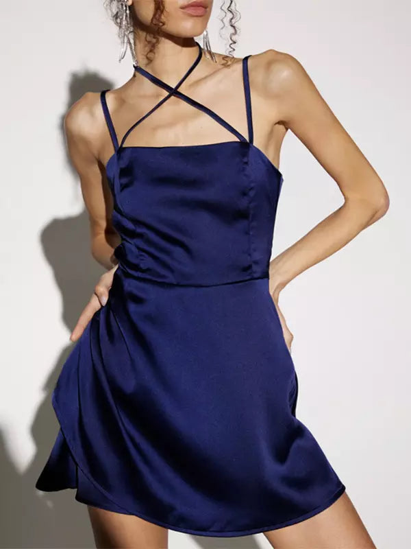 Elegant Crisscross Polyester Solid Color Strapless Satin Mini Dress