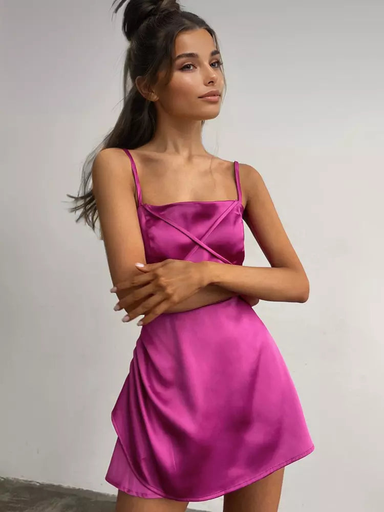 Elegant Crisscross Polyester Solid Color Strapless Satin Mini Dress