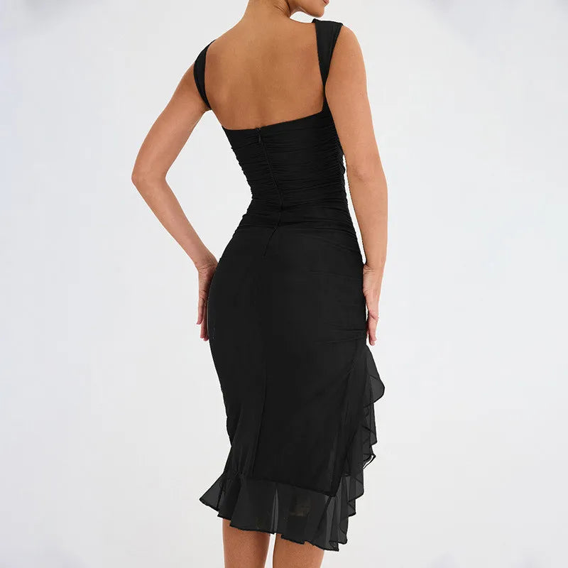 Elegant Cross-Border Mesh Tight-Fitting Backless Pleated Dress