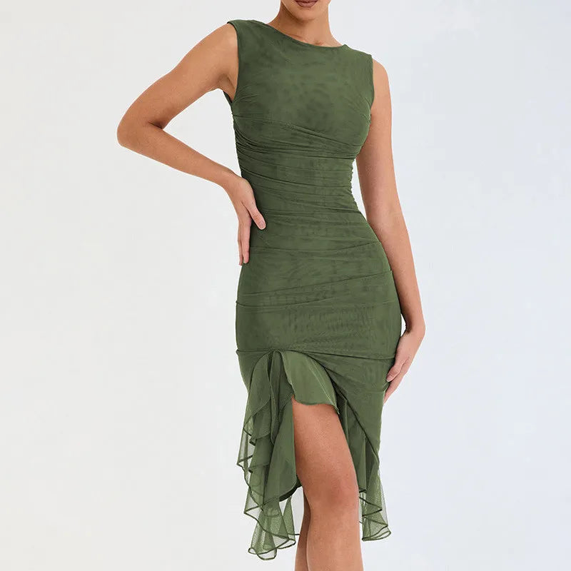 Elegant Cross-Border Mesh Tight-Fitting Backless Pleated Dress