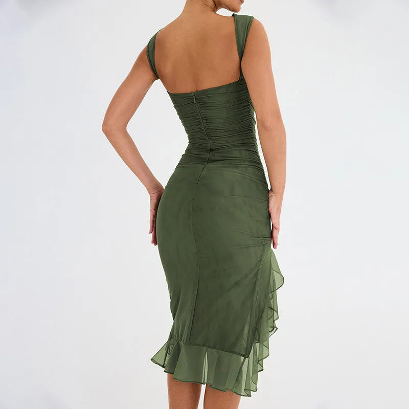 Elegant Cross-Border Mesh Tight-Fitting Backless Pleated Dress