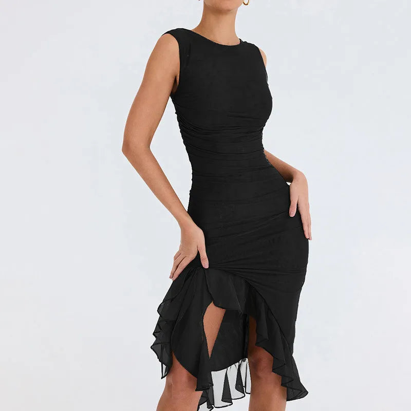 Elegant Cross-Border Mesh Tight-Fitting Backless Pleated Dress