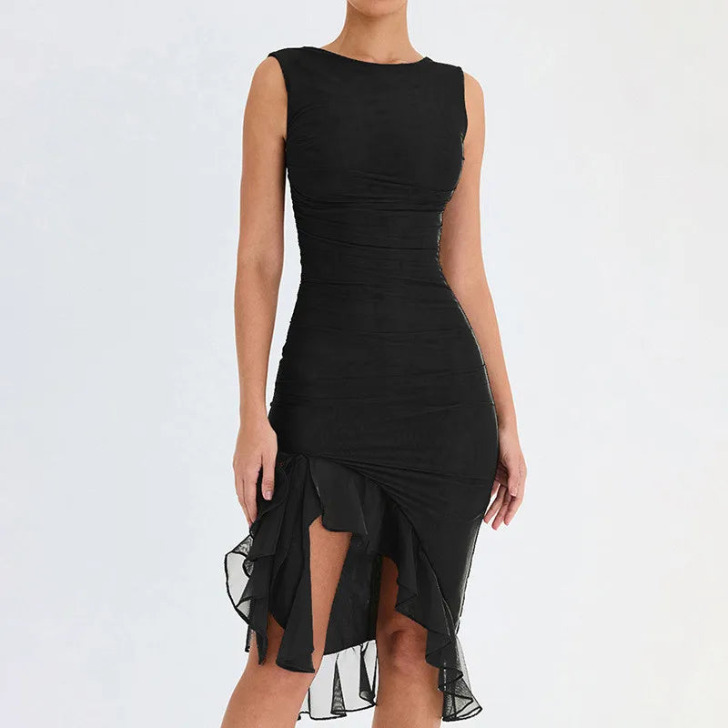Elegant Cross-Border Mesh Tight-Fitting Backless Pleated Dress