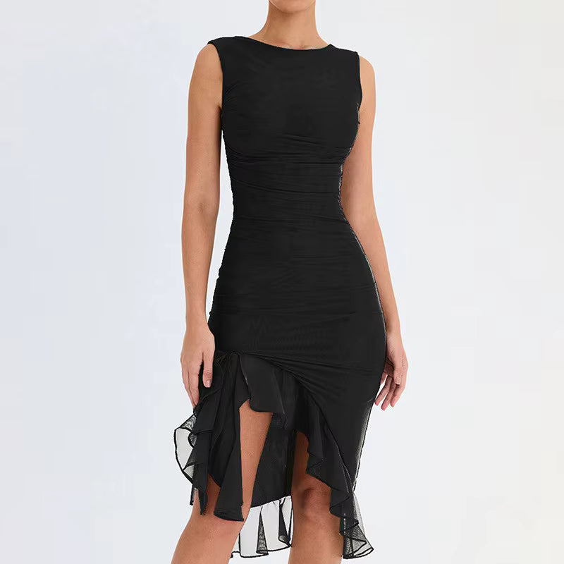 Elegant Cross-Border Mesh Tight-fitting Backless Irregular Pleated Midi Dress