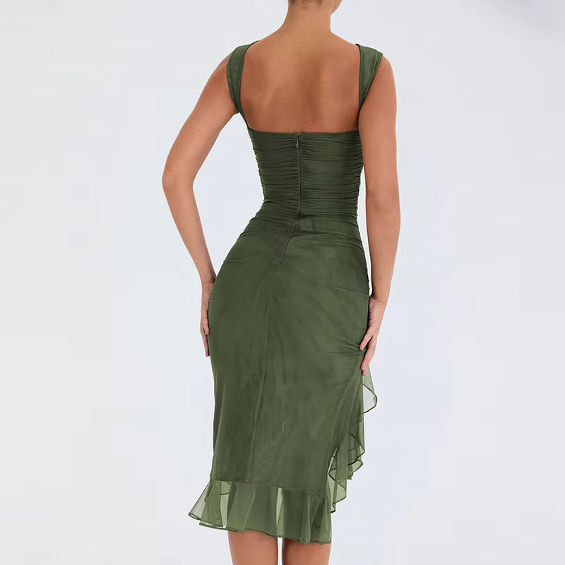 Elegant Cross-Border Mesh Tight-fitting Backless Irregular Pleated Midi Dress