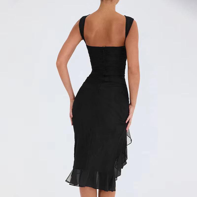 Elegant Cross-Border Mesh Tight-fitting Backless Irregular Pleated Midi Dress