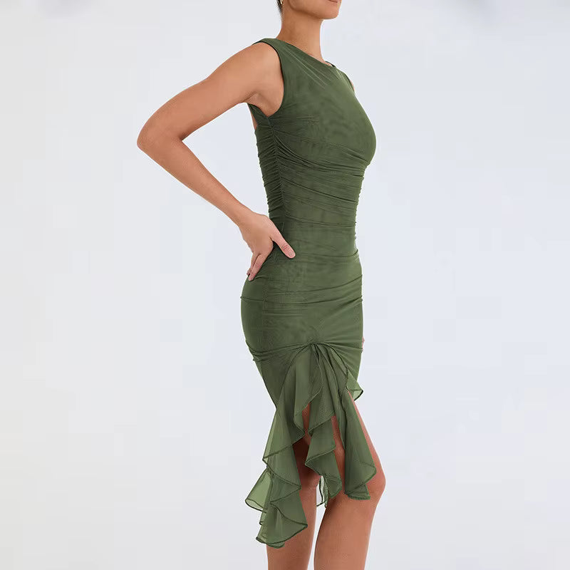 Elegant Cross-Border Mesh Tight-fitting Backless Irregular Pleated Midi Dress