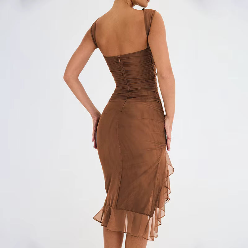 Elegant Cross-Border Mesh Tight-fitting Backless Irregular Pleated Midi Dress