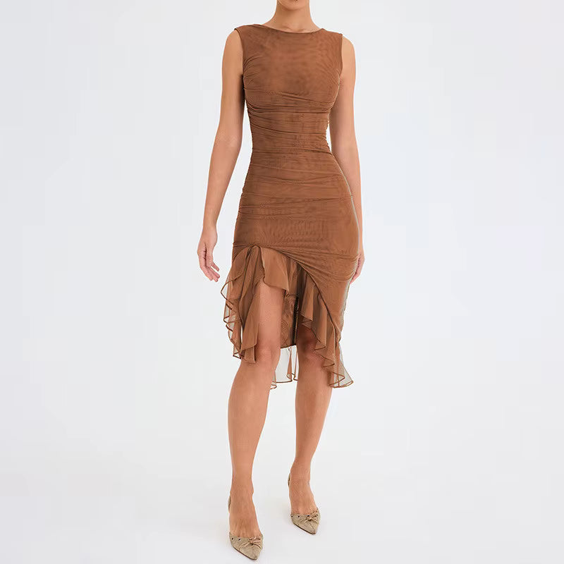 Elegant Cross-Border Mesh Tight-fitting Backless Irregular Pleated Midi Dress
