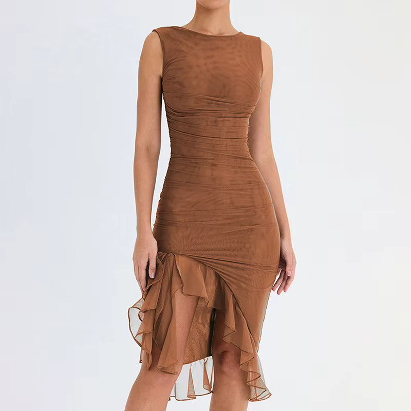 Elegant Cross-Border Mesh Tight-fitting Backless Irregular Pleated Midi Dress