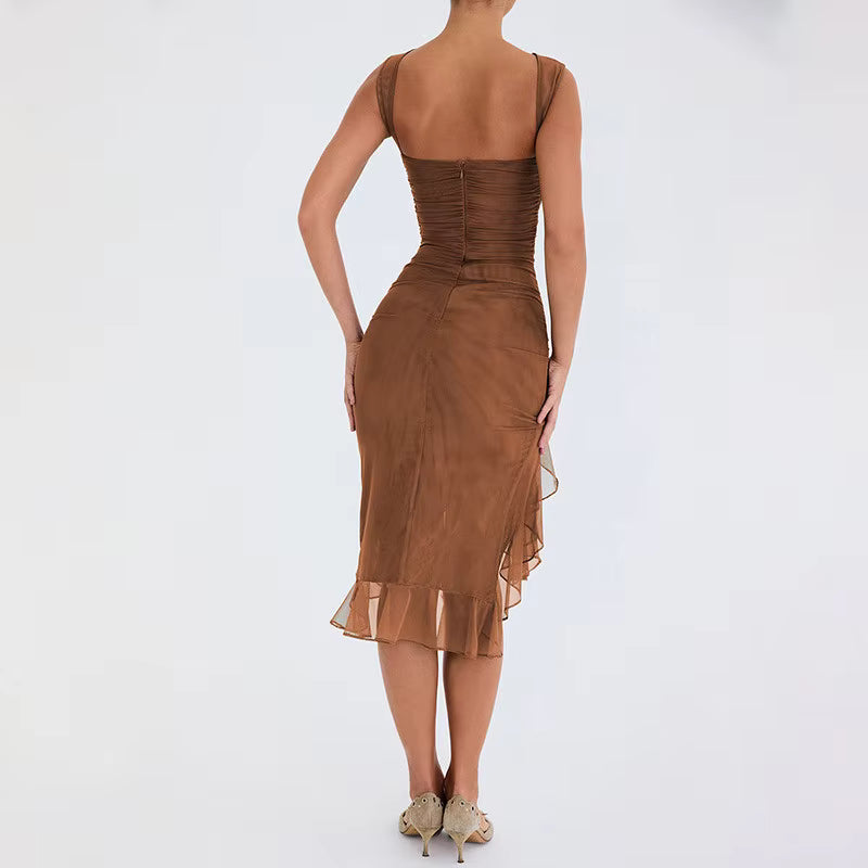 Elegant Cross-Border Mesh Tight-fitting Backless Irregular Pleated Midi Dress