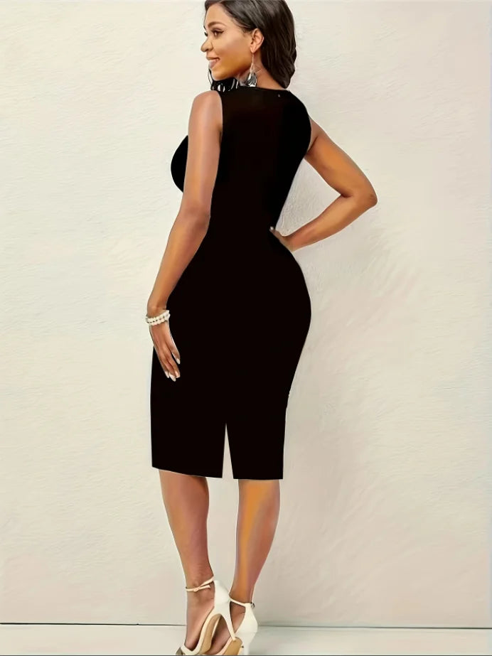 Elegant Cross-Border Slight Stretch V-Neck Printed Pencil Midi Dress