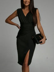 Elegant Cross border Long Skirt V-neck Sleeveless Split High Waist Midi Dress